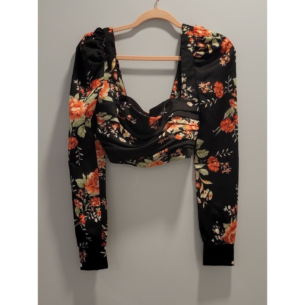 Nookie Black Floral Puff-Sleeve Crop Top with Orange Blooms WOMEN SIZE S NWT S/E